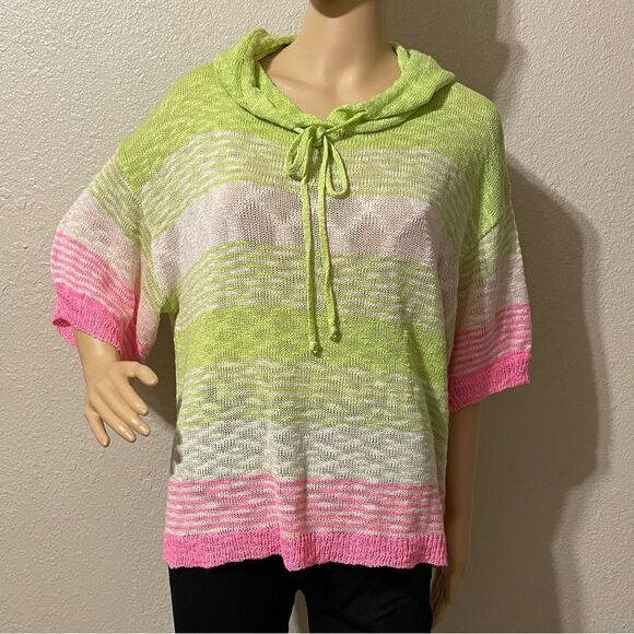 Bibi Rhyme Or Reason Lightweight Striped Hoodie Sweater Green Pink Size Medium - Picture 6 of 12